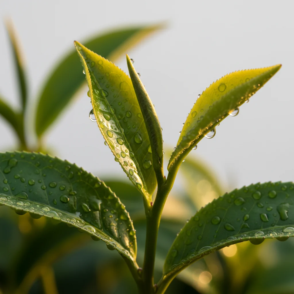 Verse groene thee bladeren met waterdruppels