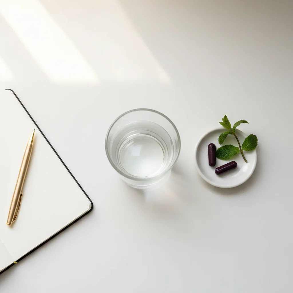 Glas water met supplementcapsules en verse munt op een witte tafel