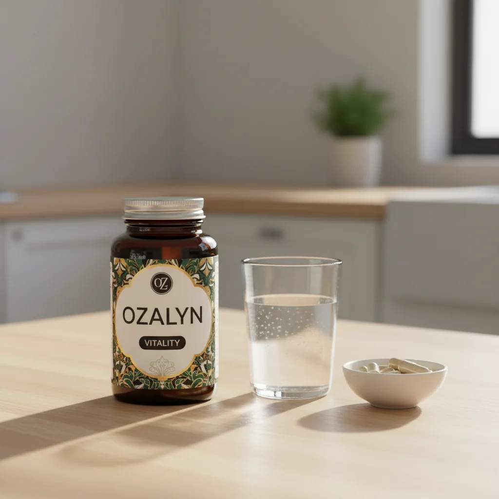 Ozalyn supplement fles naast groene thee bladeren en guaranabessen op houten oppervlak